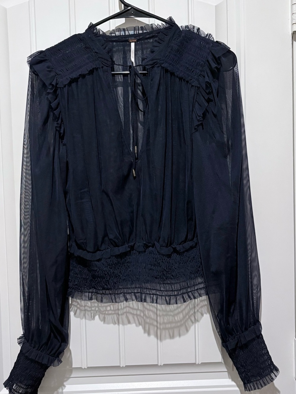 Free People Twyla Mesh Smocked Top Indigo Lost Navy Large - Picture 7 of 7